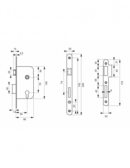 Κλειδαριά χωνευτή κυλίνδρου δεξιά inox 50 x 70 THIRARD THIRARD - 2