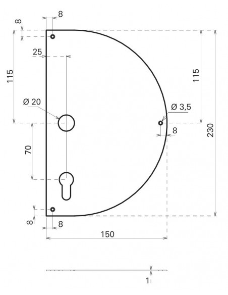 Πλάκα ώθησης αριστερής πόρτας αυτοκόλλητη inox ημικύκλιο με τρύπα κυλίνδρου 230x150 mm THIRARD THIRARD - 2