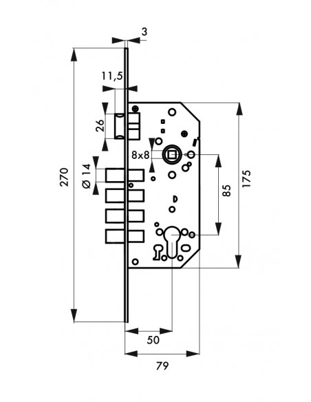 σχέδιο διαστάσεων για Κλειδαριά χωνευτή κυλίνδρου 50 x 85 νίκελ και  ροζέτα THIRARD