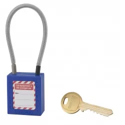 Λουκέτο πλαστικό lockout 38 χιλ. μπλε με λαιμό απο συρματόσχοινο 150 χιλ. Φ4,76 1 κλειδί THIRARD THIRARD - 1 2