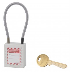 Λουκέτο πλαστικό lockout 38 χιλ. λευκό με λαιμό απο συρματόσχοινο 150 χιλ. Φ4,76 1 κλειδί THIRARD THIRARD - 1 2
