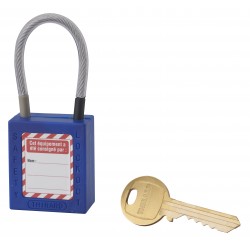 Λουκέτο πλαστικό lockout 38 χιλ. μπλε με λαιμό απο συρματόσχοινο 90 χιλ. Φ4,76 1 κλειδί THIRARD THIRARD - 1 2