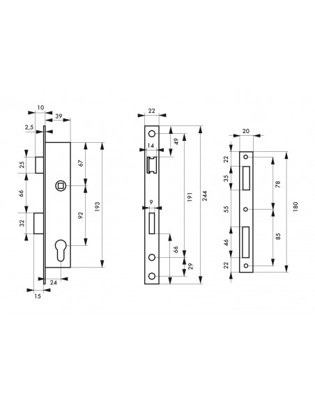 σχέδιο με αναλυτικές διαστάσεις για την κλειδαριά σιδερόπορτας 24 x 92 THIRARD