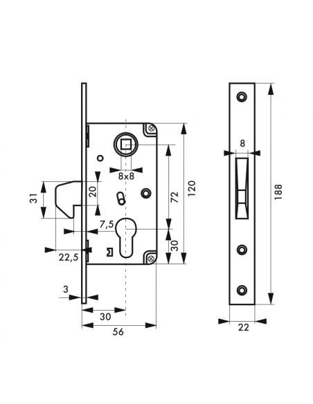 σχέδιο με διαστάσεις για κλειδαριά χωνευτή με γάντζο 30 x 72 THIRARD