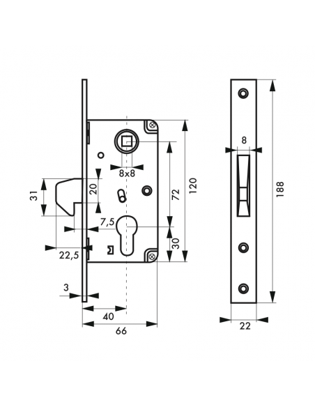 σχέδιο με πλήρης διαστάσεις για την Κλειδαριά χωνευτή με γάντζο 40 x 72 THIRARD