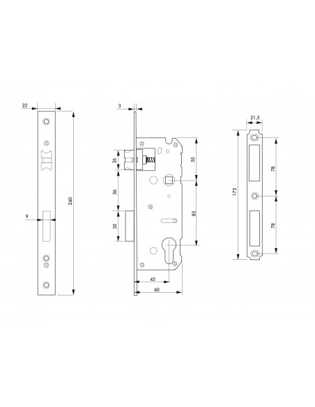 Κλειδαριά χωνευτή 45 x 85 τετράγωνη πλάκα inox THIRARD THIRARD - 3