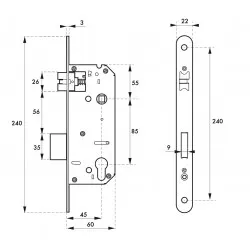 Κλειδαριά χωνευτή 45 x 85 στρογγυλή πλάκα inox THIRARD THIRARD - 1 2