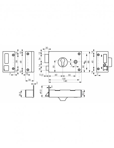 Κλειδαριά κουτιαστή οριζόντια αριστερή 140x88 κέντρο 60mm με υποδοχή κυλίνδρου europrofile και πόμολου THIRARD