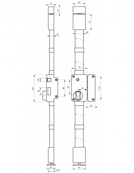 Κλειδαριά κουτιαστή κάθετη 75x130 3 σημείων δεξιά καφέ με υποδοχή κυλίνδρου europrofile και πόμολου BELUGA THIRARD