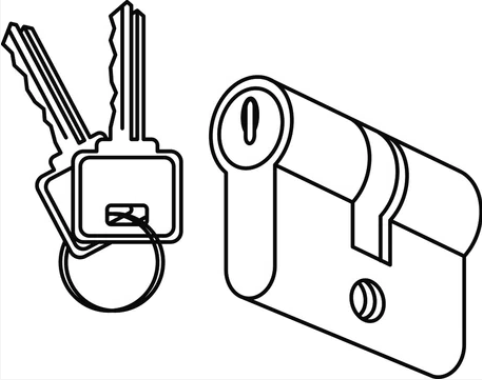 σχέδιο στο οποίο φαίνεται ένας κύλινδρος διπλής λειτουργίας μαζί με ένα ζευγάρι κλειδιά